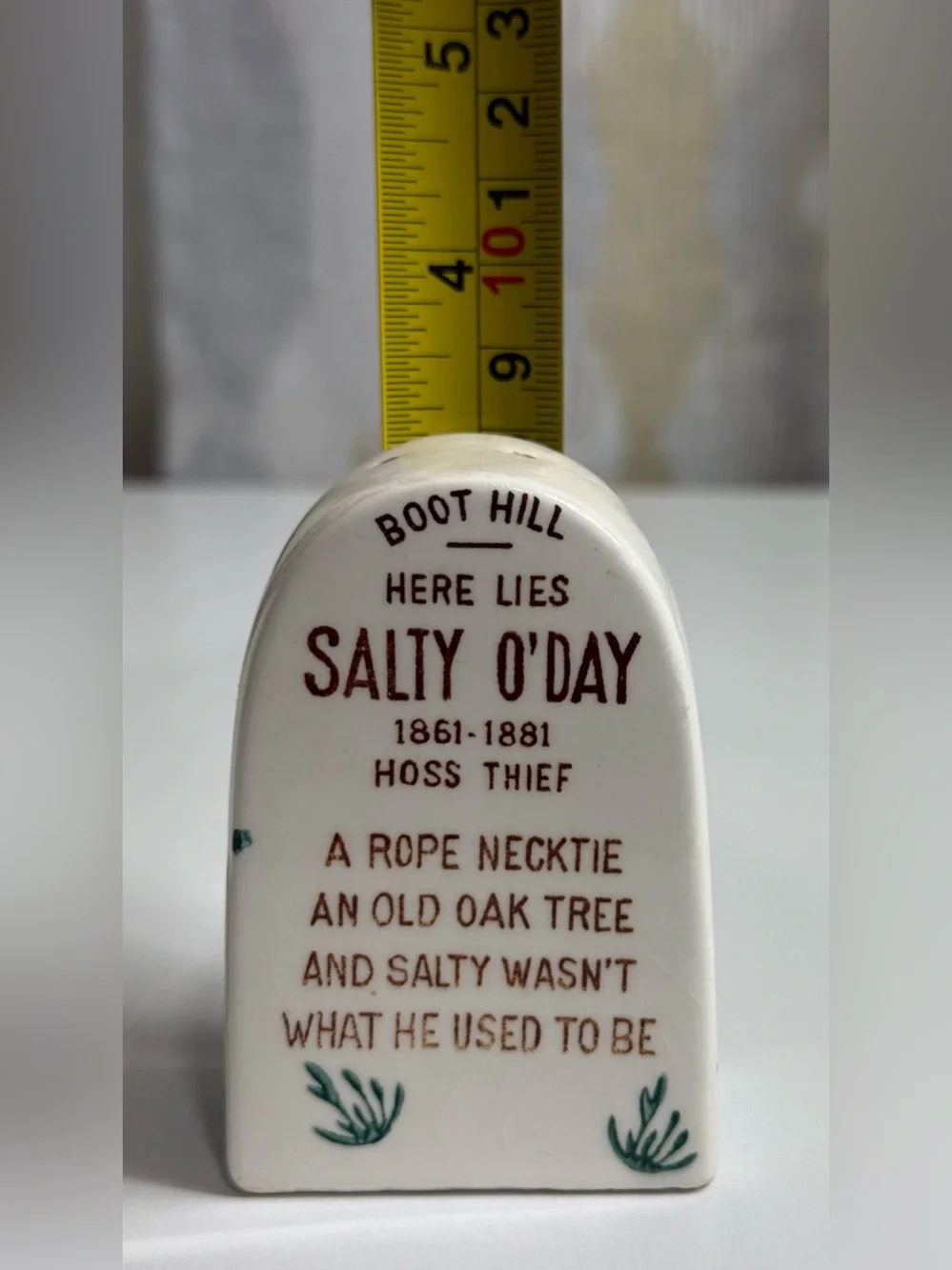 Vintage Tombstone Salt and Pepper Shakers - White, Brown with Green Accents